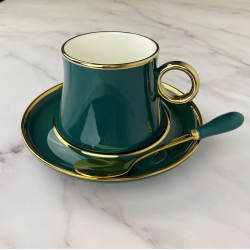 Set Ceasca de cafea din ceramica cu farfurie si lingurita,Verde Royal