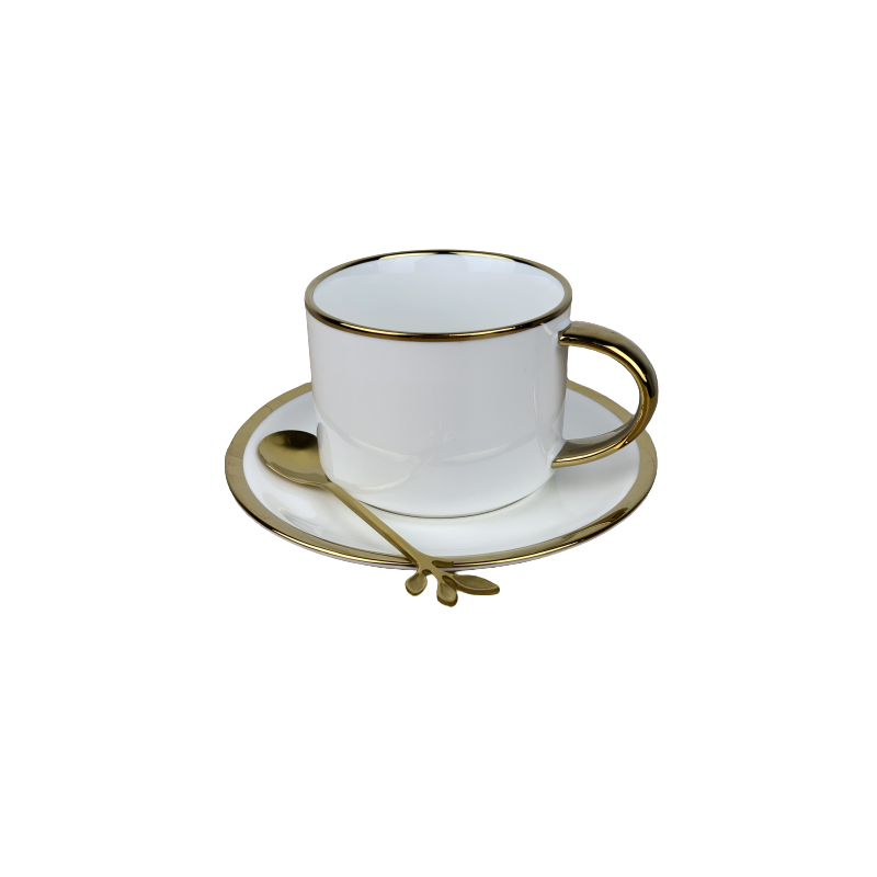 Set Ceasca de cafea din ceramica cu farfurie si lingurita,Alb