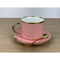 Set Ceasca de cafea din ceramica cu farfurie si lingurita,Roz