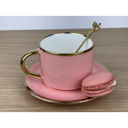 Set Ceasca de cafea din ceramica cu farfurie si lingurita,Roz
