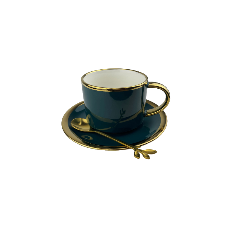 Set Ceasca de cafea din ceramica cu farfurie si lingurita,Verde Royal 2